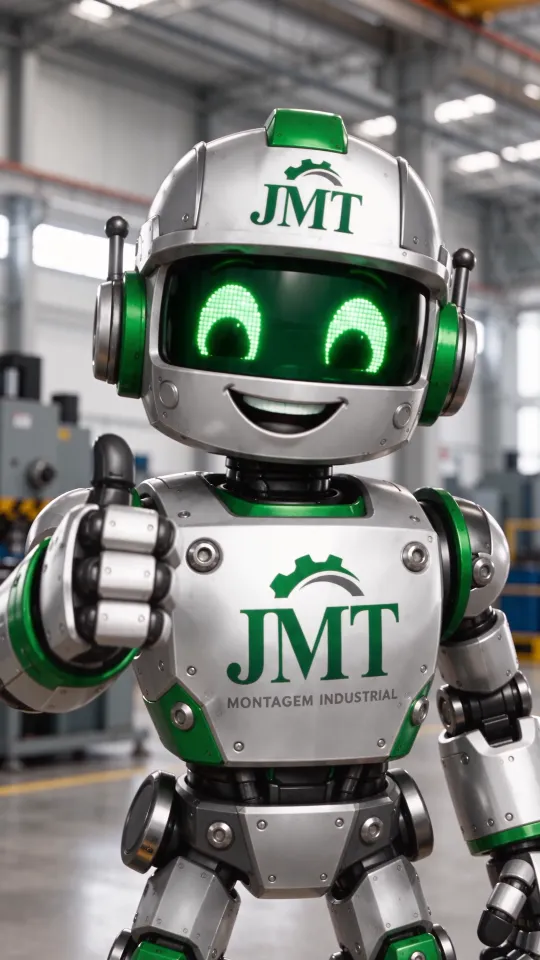 Ferro, o robô mascote da JMT, fazendo sinal de positivo dentro da fábrica